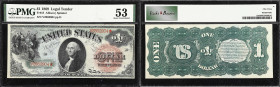 Fr. 18. 1869 $1 Legal Tender Note. PMG About Uncirculated 53.
An attractive About Uncirculated offering of this Rainbow type, that offers appealing b...
