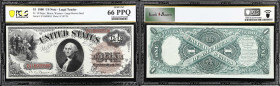 Fr. 30. 1880 $1 Legal Tender Note. PCGS Banknote Gem Uncirculated 66 PPQ.
Large brown spiked treasury seal. Bold cherry red serial numbers stand out ...