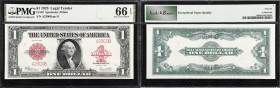 Fr. 40. 1923 $1 Legal Tender Note. PMG Gem Uncirculated 66 EPQ.
Serial number A2300B. Dark ruby red overprints pop against milky white paper.

Esti...