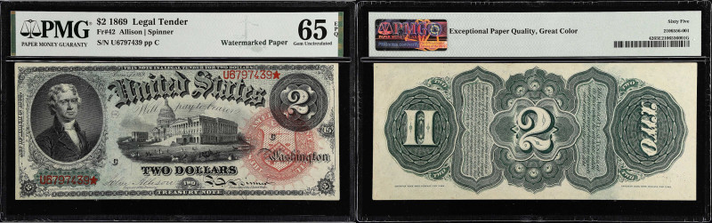 Fr. 42. 1869 $2 Legal Tender Note. PMG Gem Uncirculated 65 EPQ.
This Series 186...