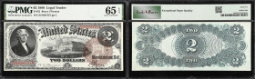 Fr. 52. 1880 $2 Legal Tender Note. PMG Gem Uncirculated 65 EPQ.
An appealing large brown seal Two Dollar Legal, which boasts many positive attributes...