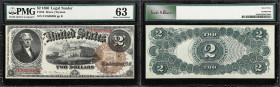 Fr. 52. 1880 $2 Legal Tender Note. PMG Choice Uncirculated 63.
Bruce - Wyman signature combination. Large brown spiked treasury seal. Intricately lat...