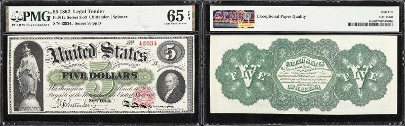 Fr. 61a. 1862 $5 Legal Tender Note. PMG Gem Uncirculated 65 EPQ.
Vibrant green ...