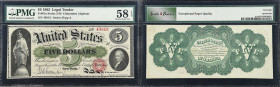 Fr. 61a. 1862 $5 Legal Tender Note. PMG Choice About Uncirculated 58 EPQ.
Series 50. Bright paper and bold design details are found on tis Civil War ...