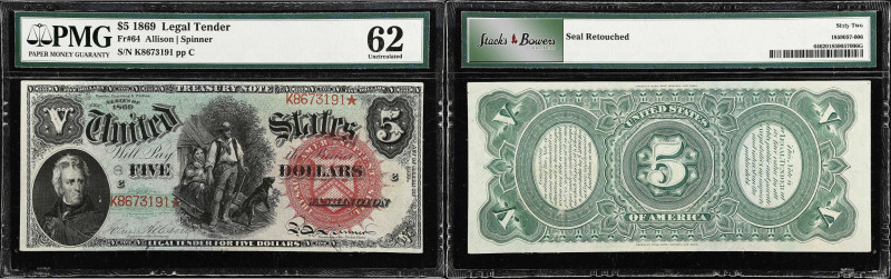 Fr. 64. 1869 $5 Legal Tender Note. PMG Uncirculated 62.
This Series of 1869 Rai...