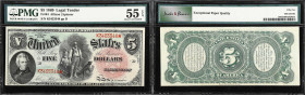 Fr. 64. 1869 $5 Legal Tender Note. PMG About Uncirculated 55 EPQ.
This pioneer family note hails from the collectible Rainbow series of 1869, which a...