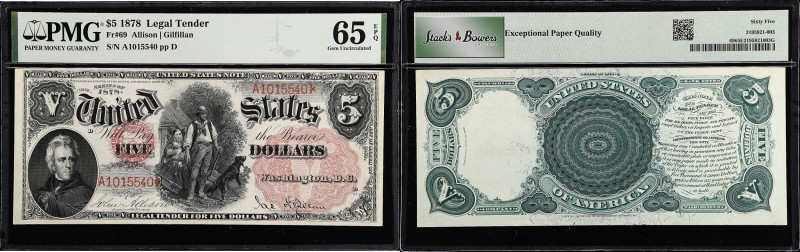Fr. 69. 1878 $5 Legal Tender Note. PMG Gem Uncirculated 65 EPQ.
Sporting the la...