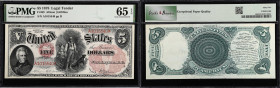 Fr. 69. 1878 $5 Legal Tender Note. PMG Gem Uncirculated 65 EPQ.
Sporting the large red floral ornament around Washington D.C. , with Treasury Seal at...