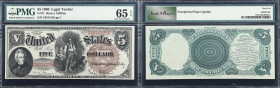 Fr. 71. 1880 $5 Legal Tender Note. PMG Gem Uncirculated 65 EPQ.
Bruce - Gilfillan signature combination. A beautiful Woodchopper with red serial numb...