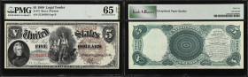 Fr. 72. 1880 $5 Legal Tender Note. PMG Gem Uncirculated 65 EPQ.
This large brown spiked Treasury Seal variety 1880 $5 Legal Tender Note bears the eng...