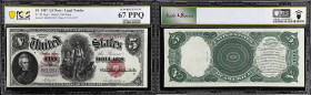 Fr. 85. 1907 $5 Legal Tender Note. PCGS Banknote Superb Gem Uncirculated 67 PPQ.
Exceptionally rich inks highlight the design of this popular Legal T...
