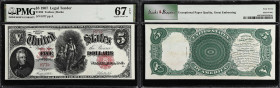 Fr. 88. 1907 $5 Legal Tender Note. PMG Superb Gem Uncirculated 67 EPQ. Serial Number 77.
Sporting serial number H77, this Superb Gem Pioneer $5 featu...