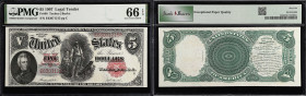 Fr. 88. 1907 $5 Legal Tender Note. PMG Gem Uncirculated 66 EPQ.
One of the finest FR#88's known, with PMG having graded only one note superior to thi...