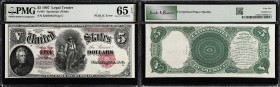 Fr. 91. 1907 $5 Legal Tender Note. PMG Gem Uncirculated 65 EPQ.
A nice Uncirculated 65 EPQ example of the popular Woodchopper $5 with the scarce "PCB...