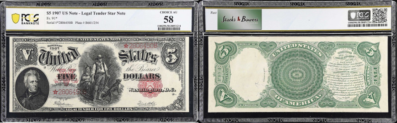Fr. 91*. 1907 $5 Legal Tender Star Note. PCGS Banknote Choice About Uncirculated...