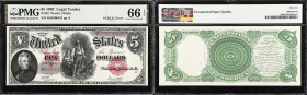 Fr. 92. 1907 $5 Legal Tender Note. PMG Gem Uncirculated 66 EPQ.
Woods - White signature combination. PCBLIC engraving error. This is the last signatu...