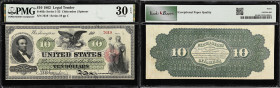 Fr. 93c. 1862 $10 Legal Tender Note. PMG Very Fine 30 EPQ.
Intricate border design consisting of "X" counters. Dark green under printed design and co...