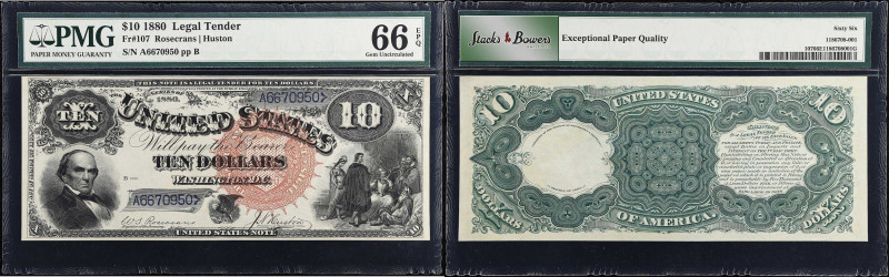 Fr. 107. 1880 $10 Legal Tender Note. PMG Gem Uncirculated 66 EPQ.
Gem quality a...