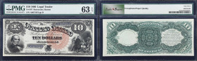 Fr. 107. 1880 $10 Legal Tender Note. PMG Choice Uncirculated 63 EPQ.
A bright & original example of this Jackass type, which features the large red s...