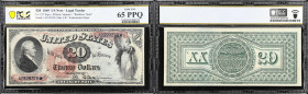 Fr. 127. 1869 $20 Legal Tender Note. PCGS Banknote Gem Uncirculated 65 PPQ.
A side profile of Alexander Hamilton (facing right) is seen at left. Stan...