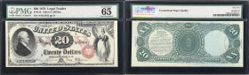 Fr. 129. 1878 $20 Legal Tender Note. PMG Gem Uncirculated 65 EPQ.
A striking early $20 Legal Tender design with lovely Roman numeral "XX" protectors ...