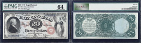 Fr. 129. 1878 $20 Legal Tender Note. PMG Choice Uncirculated 64.
A striking early $20 Legal Tender design with lovely Roman numeral "XX" protectors a...