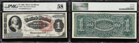 Fr. 218. 1886 $1 Silver Certificate. PMG Choice About Uncirculated 58.
A first reverse (Series 1886) Martha Washington $1, with large red seal. Nicel...