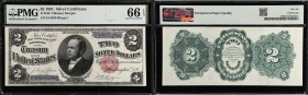 Fr. 246. 1891 $2 Silver Certificate. PMG Gem Uncirculated 66 EPQ.
An attractive Windom Deuce with excellent centering, good margins, and crisp white ...