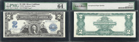 Fr. 258. 1899 $2 Silver Certificate. PMG Choice Uncirculated 64 EPQ.
An impressive near-Gem example of this Washington mini-porthole note. Bright & o...