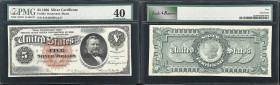 Fr. 261. 1886 $5 Silver Certificate. PMG Extremely Fine 40.
Rosecrans - Hyatt signature combination with large red spiked treasury seal. One of the m...