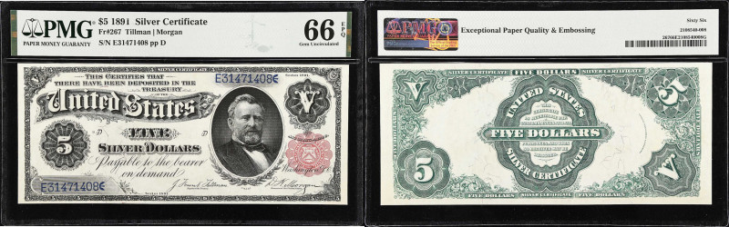 Fr. 267. 1891 $5 Silver Certificate. PMG Gem Uncirculated 66 EPQ.
Bold ink colo...