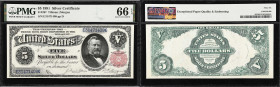 Fr. 267. 1891 $5 Silver Certificate. PMG Gem Uncirculated 66 EPQ.
Bold ink colors are particularly striking on this beautifully preserved note. The p...
