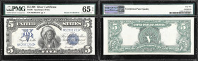 Fr. 281. 1899 $5 Silver Certificate. PMG Gem Uncirculated 65 EPQ.
Brilliant blue overprints are seen making up the Serial Numbers, Treasury Seal and ...
