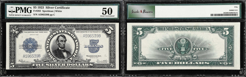 Fr. 282. 1923 $5 Silver Certificate. PMG About Uncirculated 50.
This design typ...