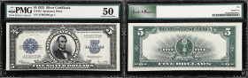 Fr. 282. 1923 $5 Silver Certificate. PMG About Uncirculated 50.
This design type is in demand at any grade level, and this About Uncirculated example...