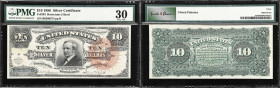 Fr. 293. 1886 $10 Silver Certificate. PMG Very Fine 30.
Rosecrans - Hyatt signature combination with large red spiked seal. The paper is bright and t...