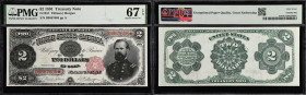 Fr. 357. 1891 $2 Treasury Note. PMG Superb Gem Uncirculated 67 EPQ.
An outstanding McPherson Deuce exhibiting a deep, rich impression, vibrant red em...