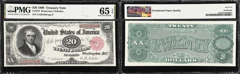 Fr. 374. 1890 $20 Treasury Note. PMG Gem Uncirculated 65 EPQ.
Here is a wonderf...