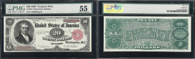 Fr. 374. 1890 $20 Treasury Note. PMG About Uncirculated 55.
Scarce in any state of preservation and a type that enhances any collection of large size...