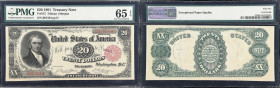 Fr. 375. 1891 $20 Treasury Note. PMG Gem Uncirculated 65 EPQ.
Boldly printed inks and original paper are proudly displayed on this darkly printed Gem...