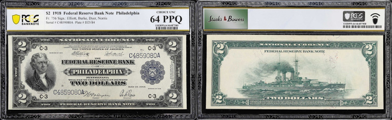 Fr. 756. 1918 $2 Federal Reserve Bank Note. Philadelphia. PCGS Banknote Choice U...