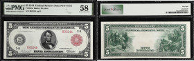 Fr. 833a. 1914 Red Seal $5 Federal Reserve Note. New York. PMG Choice About Uncirculated 58.
While there are no signs of circulation per se on this n...