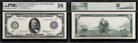 Fr. 1056. 1914 $50 Federal Reserve Note. Minneapolis. PMG Choice About Uncirculated 58.
A scarce 1914 Minneapolis Federal Reserve Blue Seal, with onl...