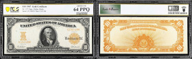 Fr. 1171. 1907 $10 Gold Certificate. PCGS Banknote Choice Uncirculated 64 PPQ.
A radiant near-Gem example of this popular Gold Certificate. The paper...