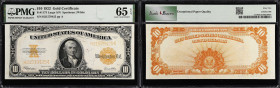 Fr. 1173. 1922 $10 Gold Certificate. PMG Gem Uncirculated 65 EPQ.
While many examples of FR#1173 have tight margins at the top and bottom, this note ...