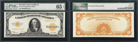 Fr. 1173. 1922 $10 Gold Certificate. PMG Gem Uncirculated 65 EPQ.
A pack fresh note which is displayed with all the traits collectors look for. Stron...