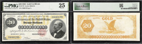 Fr. 1178. 1882 $20 Gold Certificate. PMG Very Fine 25.
Lyons - Roberts signature combination with small red scalloped treasury seal. Attractive margi...