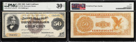 Fr. 1192. 1882 $50 Gold Certificate. PMG Very Fine 30 EPQ.
A scarce large brown seal variety on this 1882 Gold Certificate series with Track & Price ...