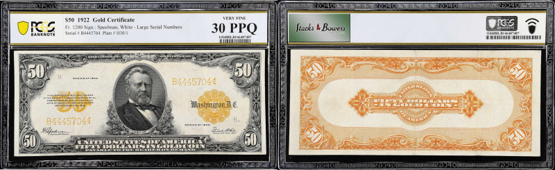 Fr. 1200. 1922 $50 Gold Certificate. PCGS Banknote Very Fine 30 PPQ.
The PPQ de...
