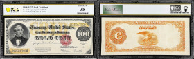 Fr. 1215. 1922 $100 Gold Certificate. PCGS Banknote Choice Very Fine 35.
Old Bullion Thomas Hart Benton is depicted at left whilst a die counter is a...